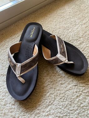 Coach Black Footbed Flip Flop Sandals with Brown Signature Straps